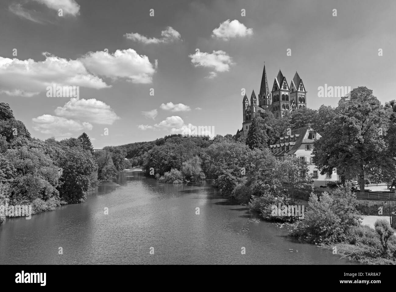 View over the Lahn River to the Limburg Cathedral Limburg Hesse Germany in black and white Stock Photo