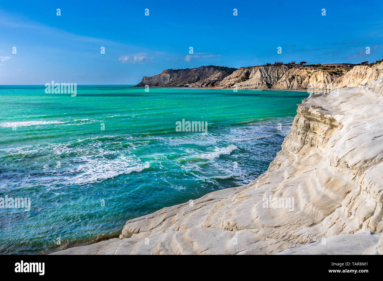 Seascape image of Scala dei Turchi, a massive limestone rock next to the beach of Agrigento, Sicily Stock Photo