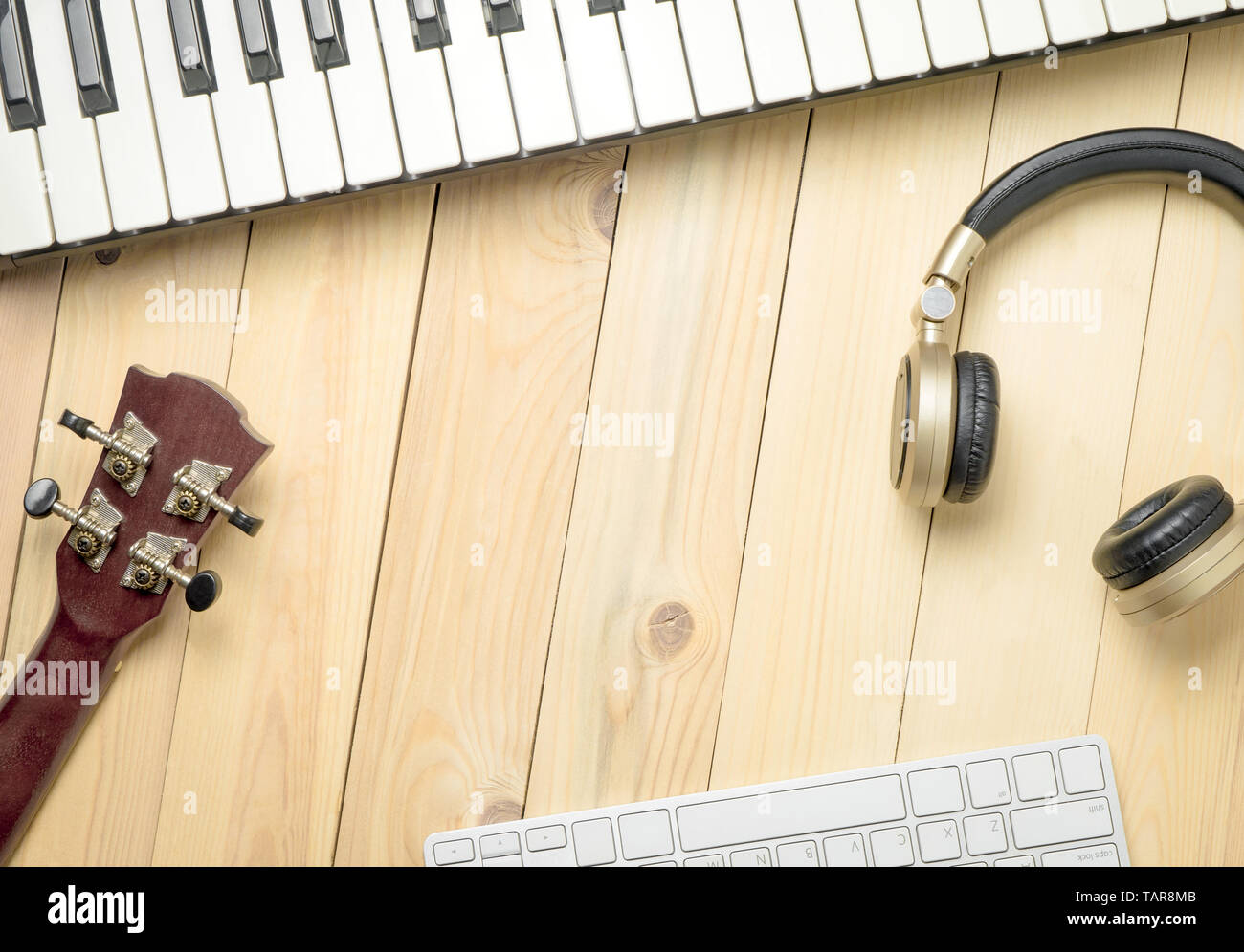 Computer Music production equipments with copy space. Stock Photo