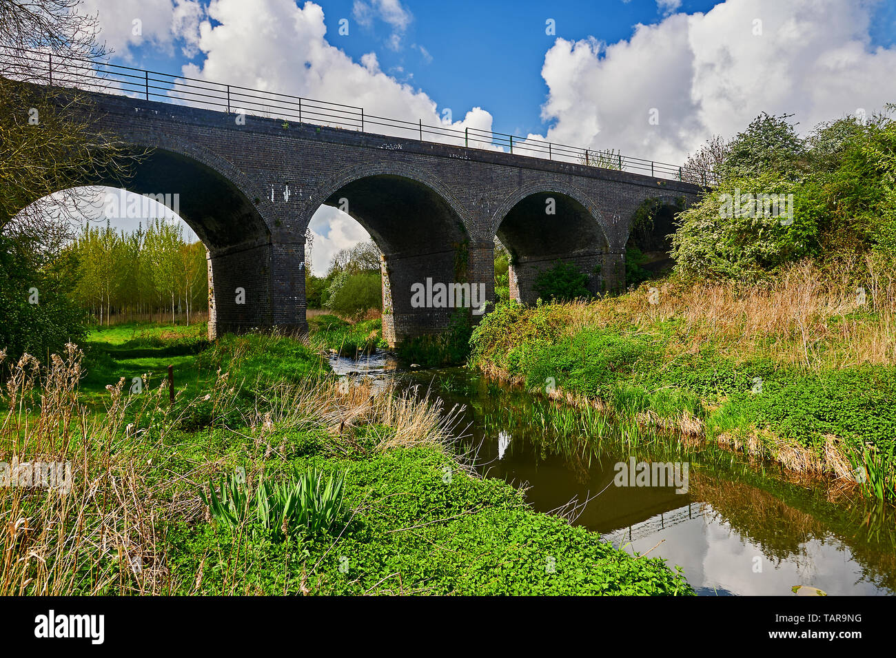 The River Itchen in Warwickshire with a brick arched viaduct from the former railway line link Stock Photo