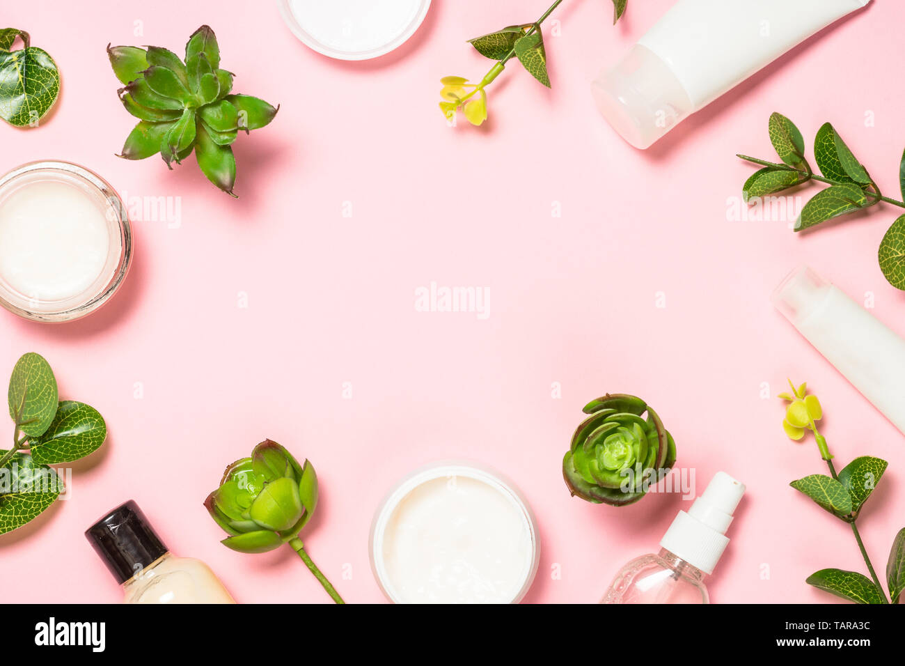 Skin care product, natural cosmetic, flat lay image on pink background  Stock Photo - Alamy