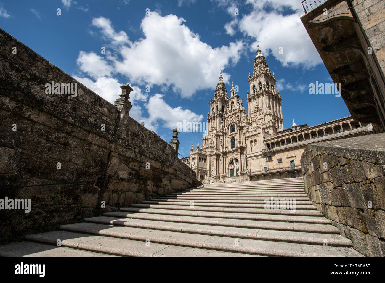 View of the Santiago de Compostela cathedral from Obradoiro square. Pilgrimage destiny Stock Photo