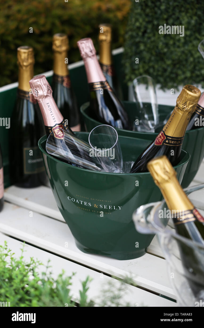 General views of bottles of Coates and Seely Champagne on ice at Goodwood Racecourse, Chichester, West Sussex, UK. Stock Photo