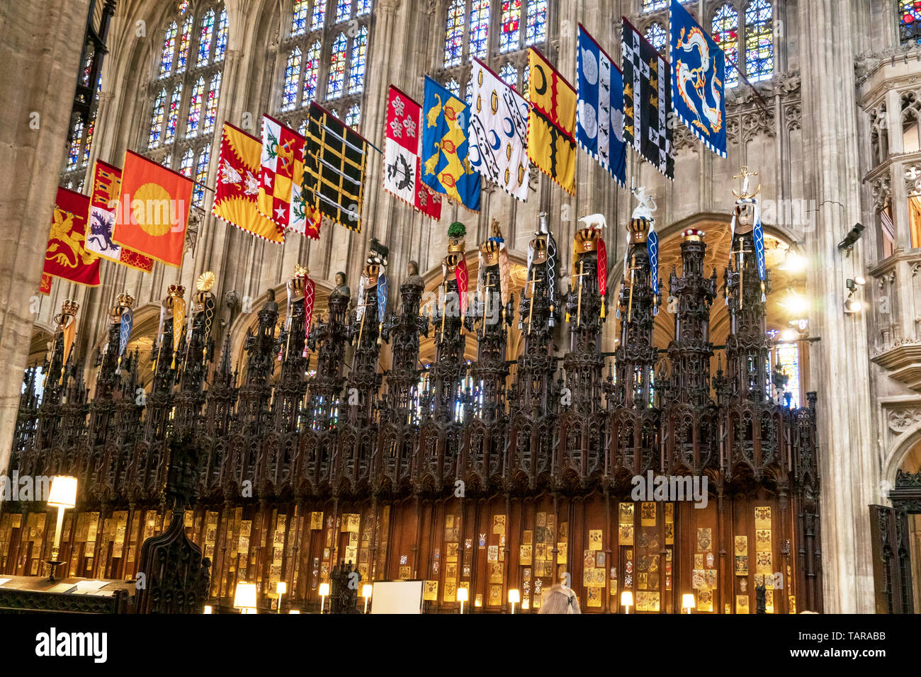 Windsor, UK - May 13, 2019: Interior of the medieval St. George's chapel the host of prince William and Meghan Markle wedding ceremony in windsor, England UK . Stock Photo