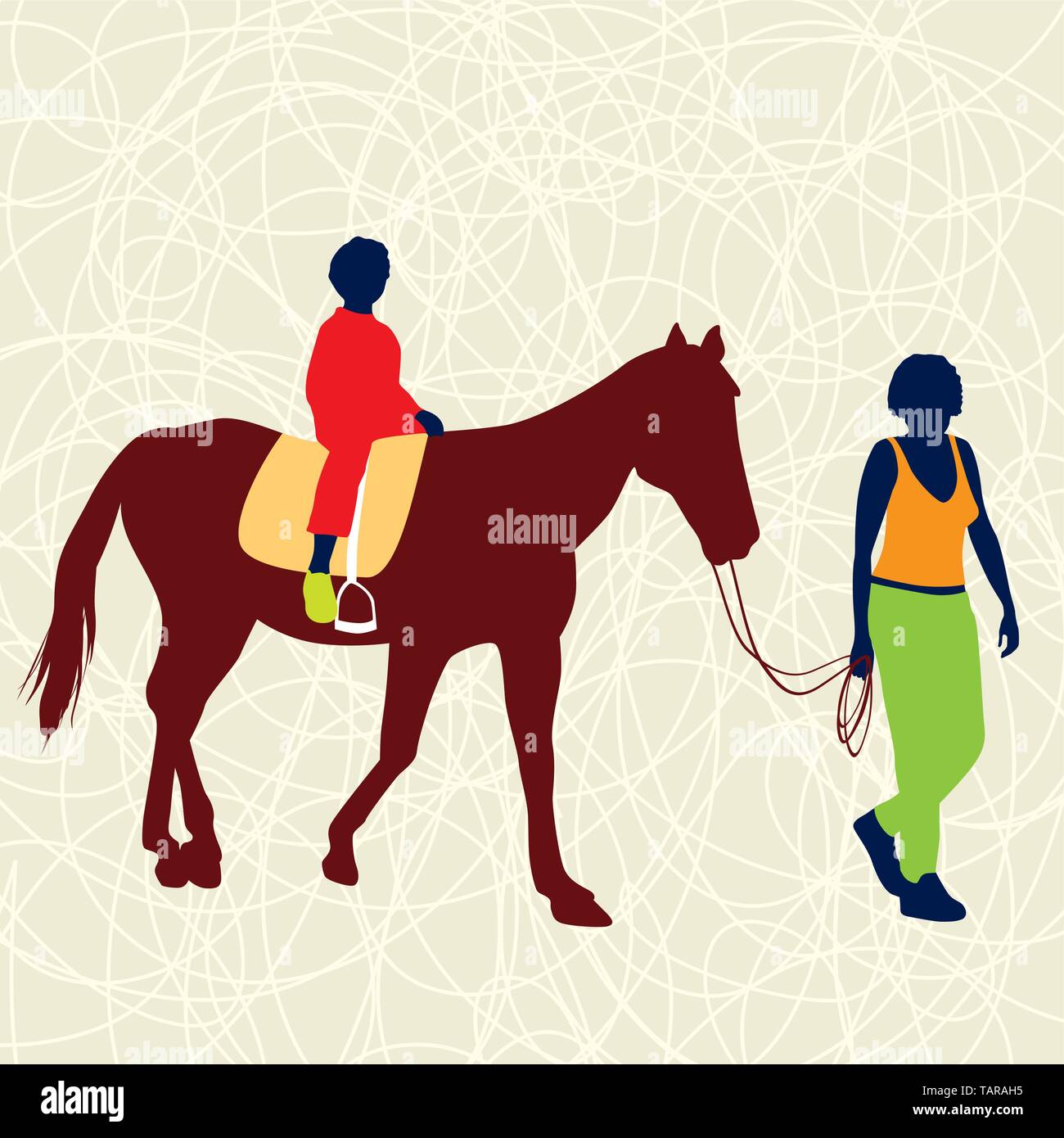Two people walking and riding a horse. Vector illustration. eps10 Stock Vector