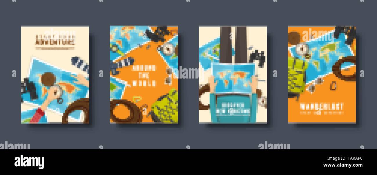 Travel and tourism flat style covers set. World, earth map navigation. Journey, summer time holidays. Travelling, exploring worldwide. Vector Stock Vector