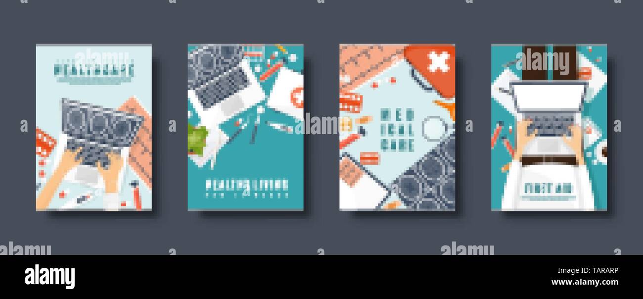 Medical flat style covers set. Health care, first aid, research
