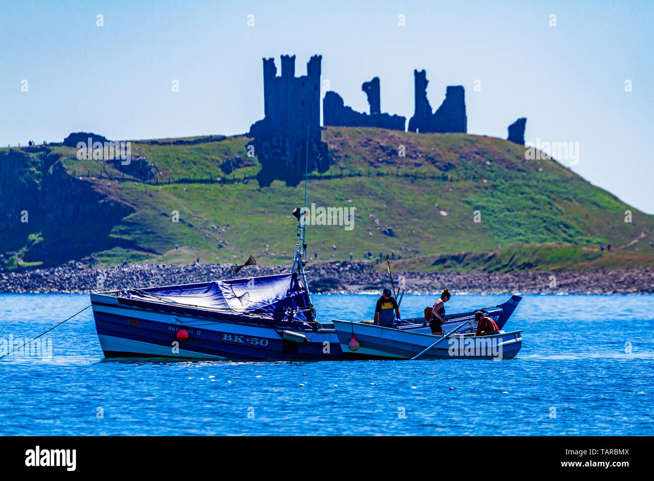 Fishermen with traditional north eastern fishing boats, with Dunstanburgh Castle in the background. Embleton Bay, Northumberland, UK. June 2018. Stock Photo