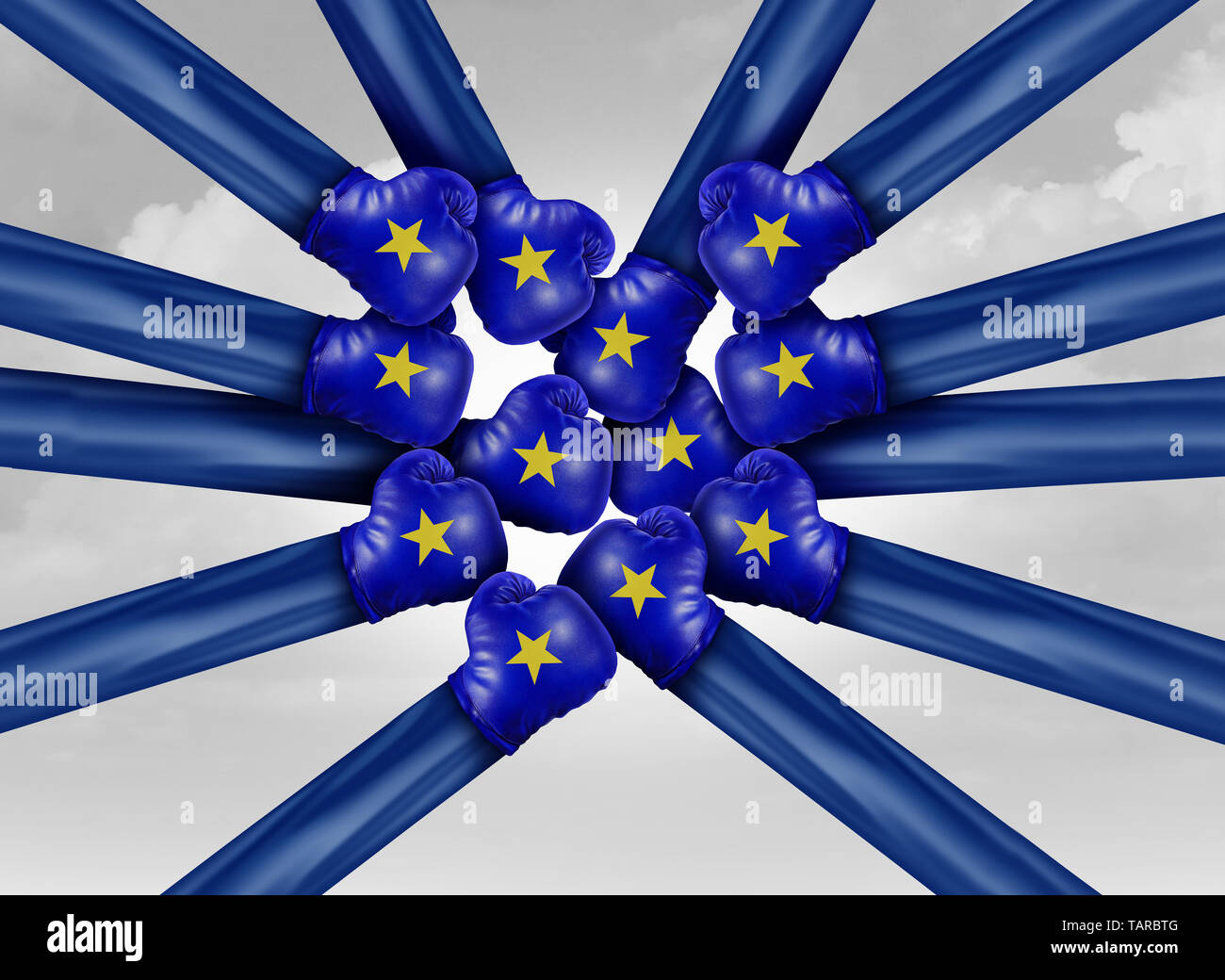Europe political fight as European elections and EU politics with infighting of countries representing the flag in a 3D illustration style. Stock Photo