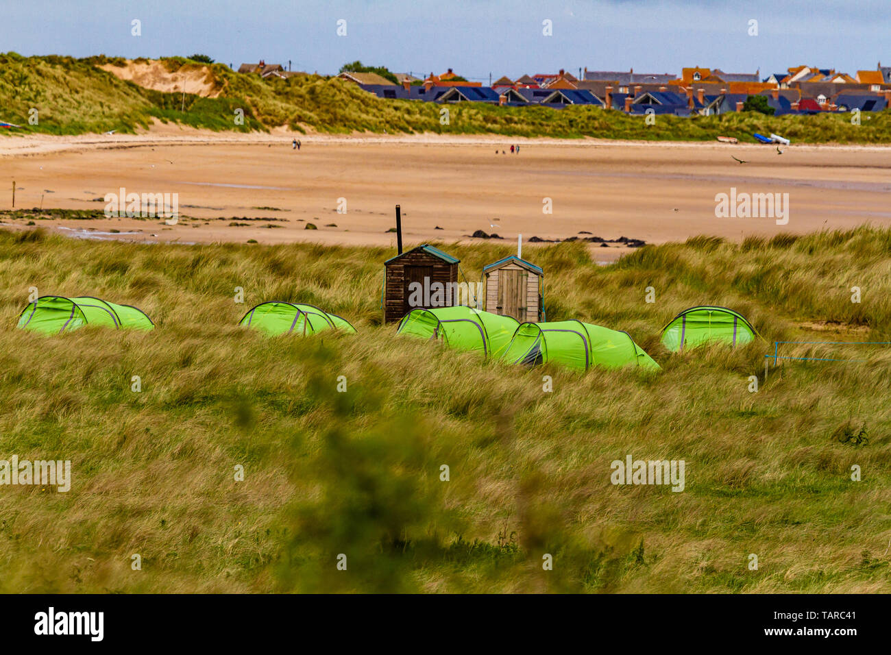Tents and temporary bathrooms set up for National Trust wardens and volunteers helping protect and monitor Little Terns over summer. Northumberland,UK. Stock Photo