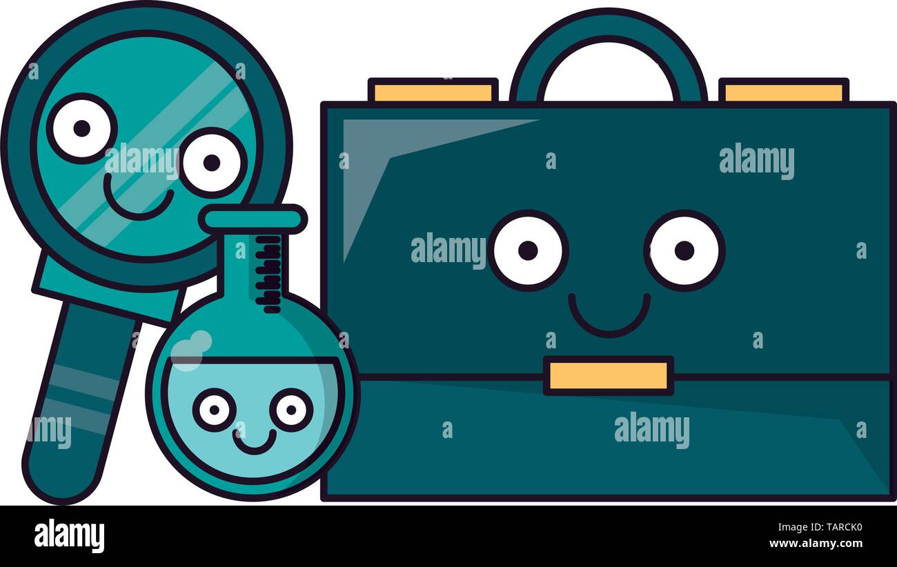 Business briefcase with magnifying glass and flask vector illustration Stock Vector