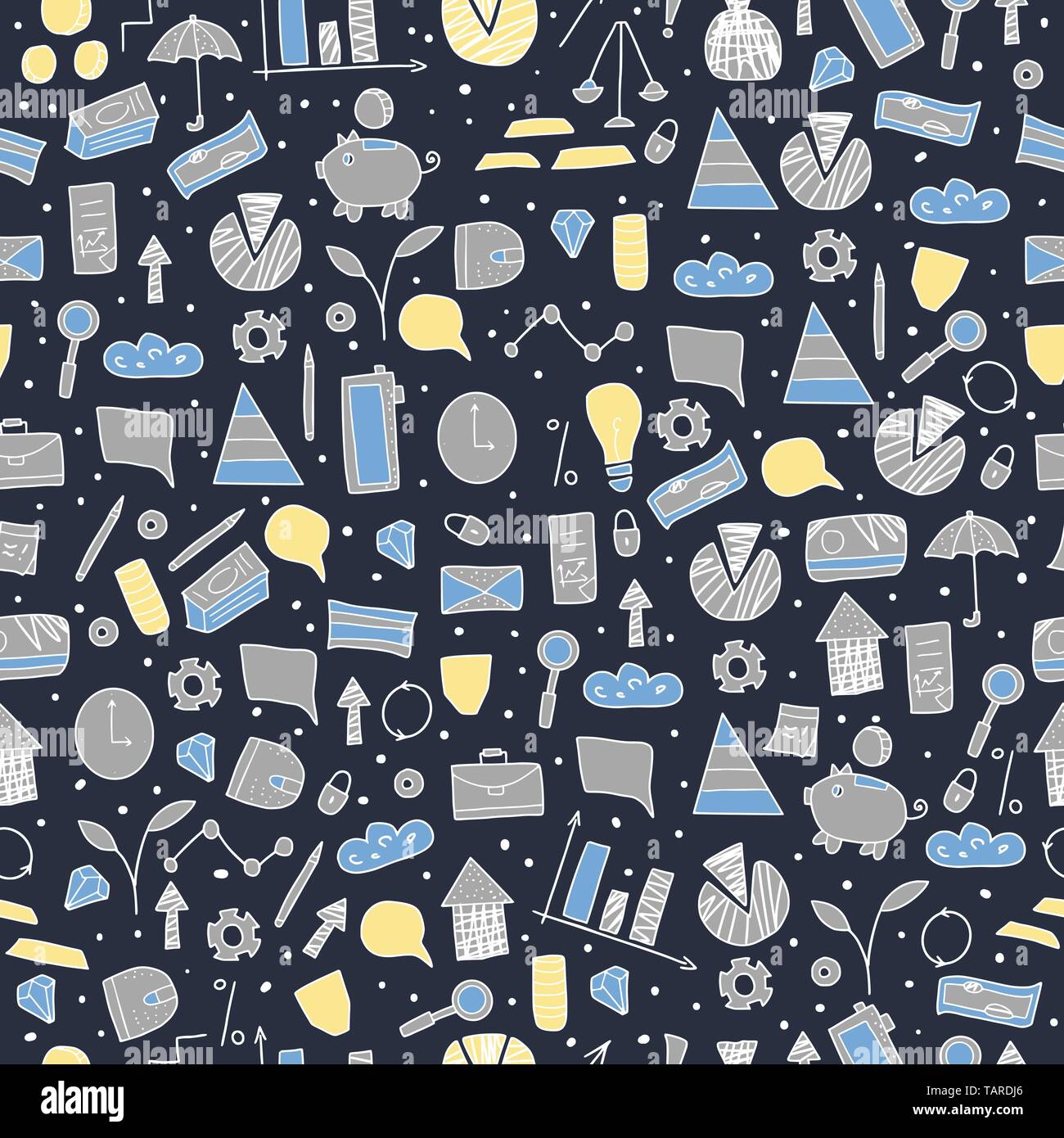 Seamless pattern with finance elements. Business concept. Endless background. Vector color illustration. Stock Vector