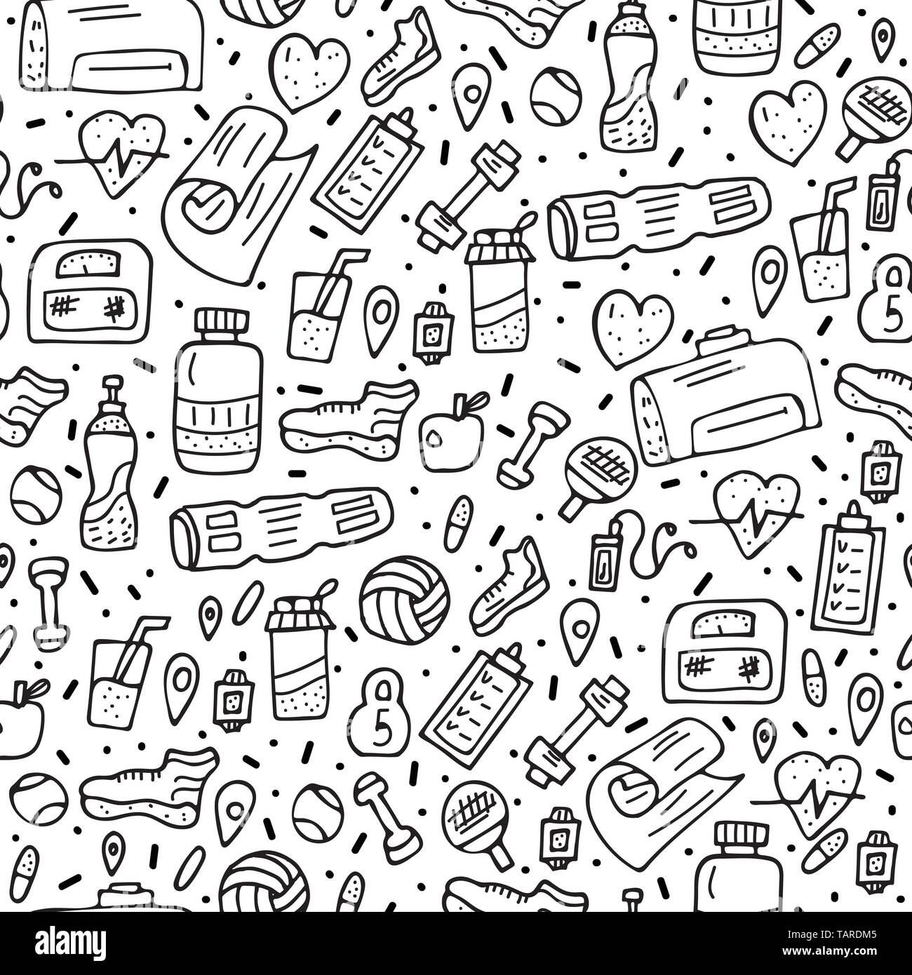 Seamless pattern of sport activities tools, symbols in doodle