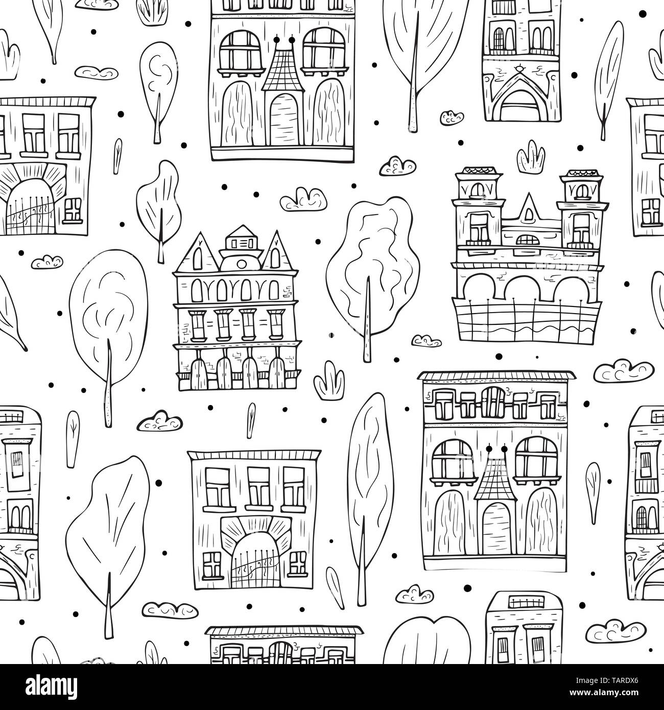 Seamless Pattern Of Vector Sketch Houses Trees And Clouds Endless Background In Doodle Style Stock Vector Image Art Alamy