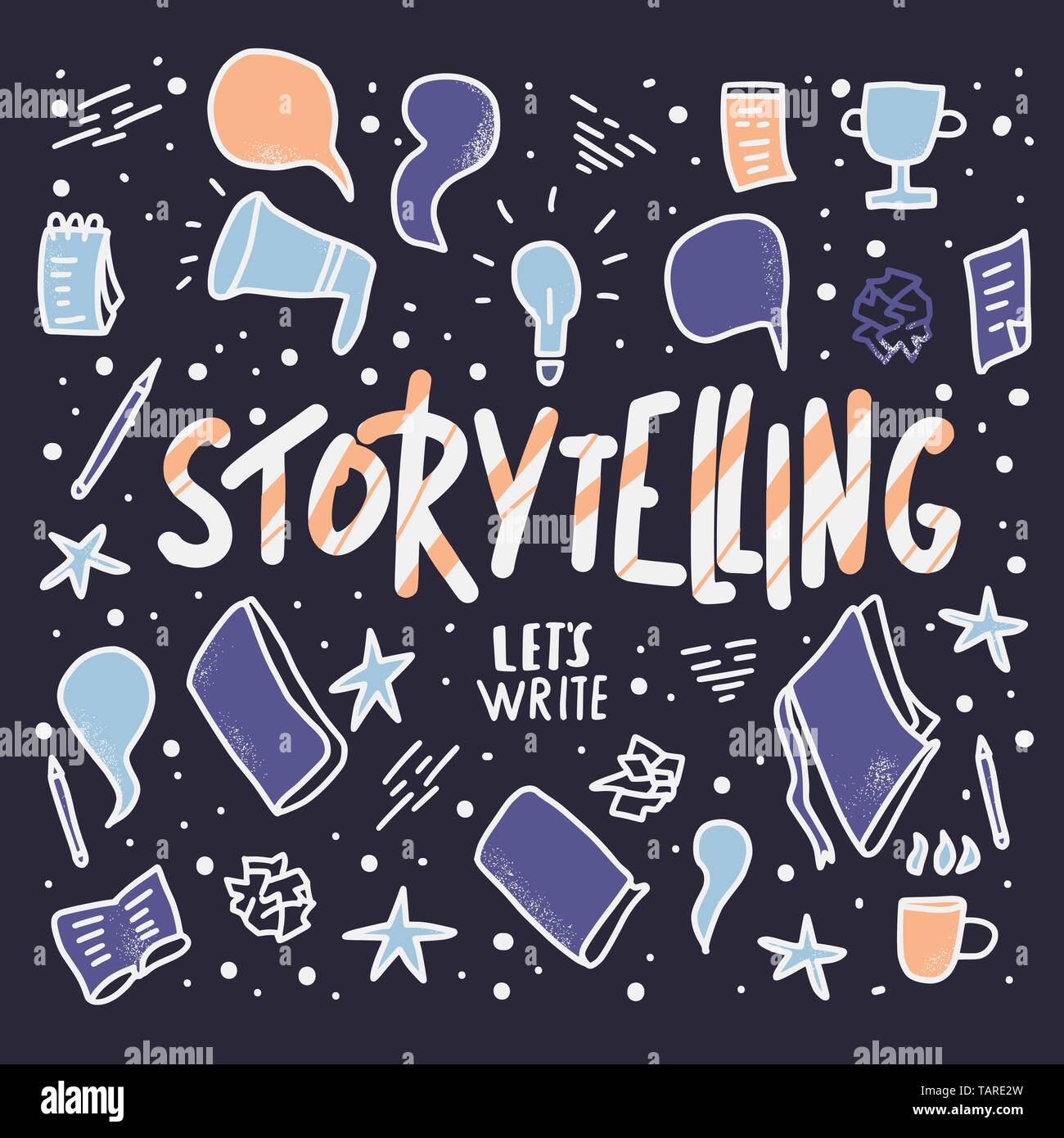 Storytelling handwritten lettering with hand drawn decoration. Poster  template with quote. Vector color conceptual illustration Stock Vector  Image & Art - Alamy