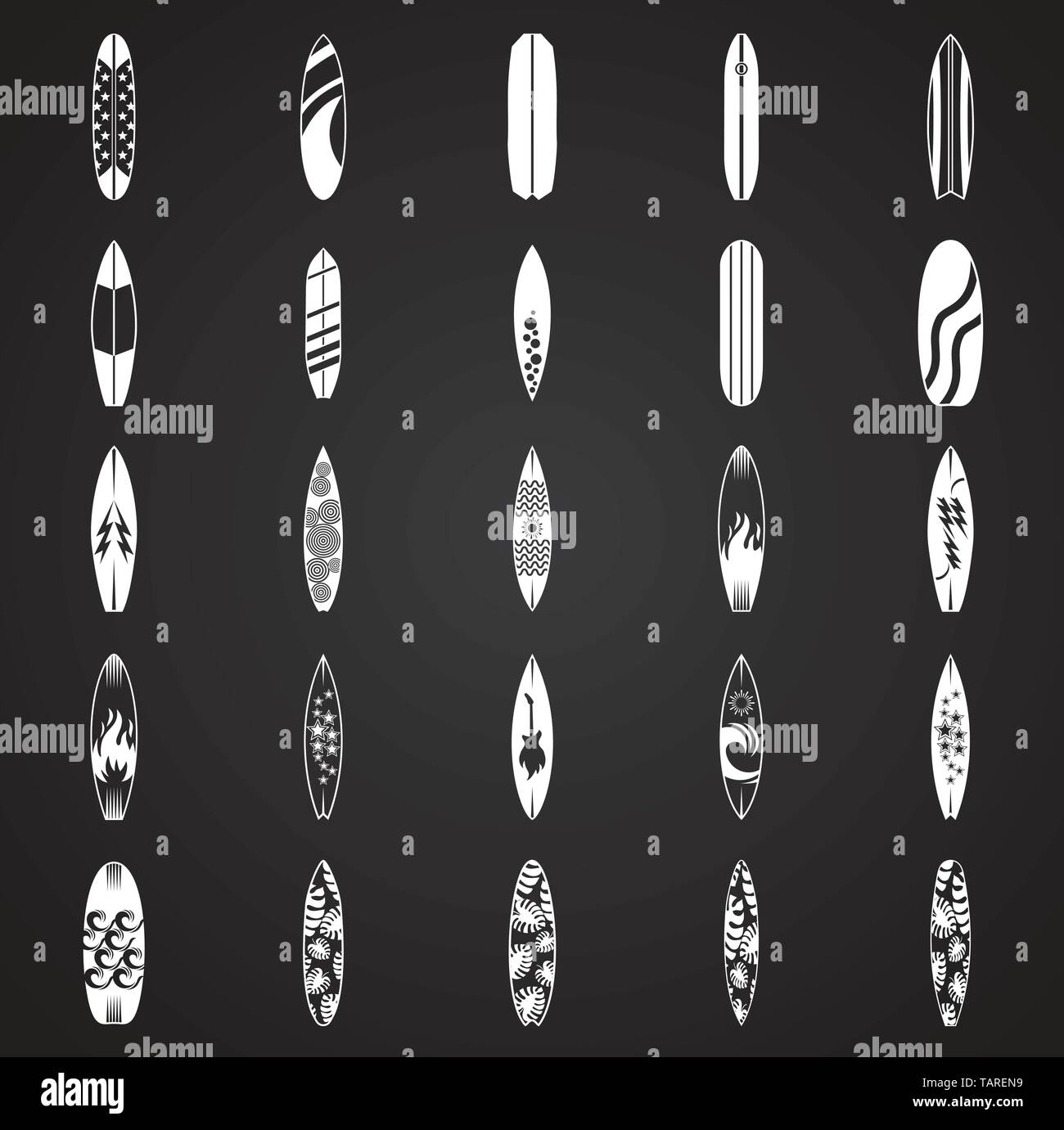 Surfboard icons set on black background for graphic and web design ...
