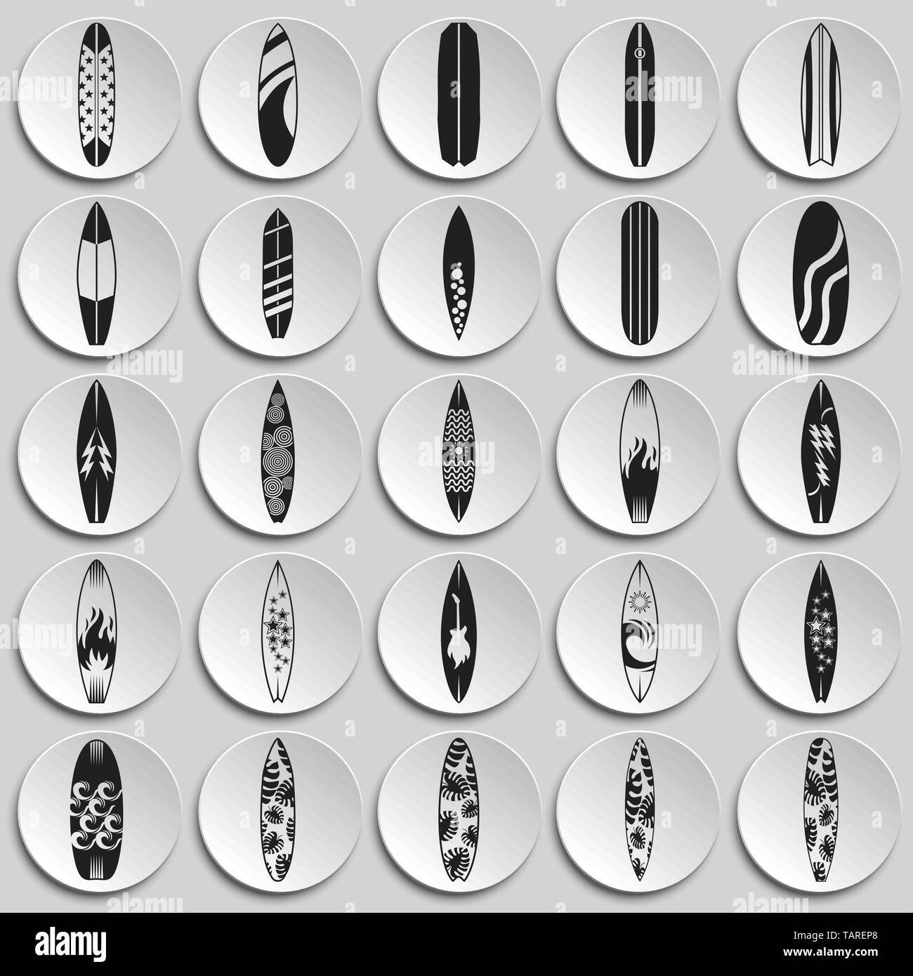 Surfboard icons set on plates background for graphic and web design ...