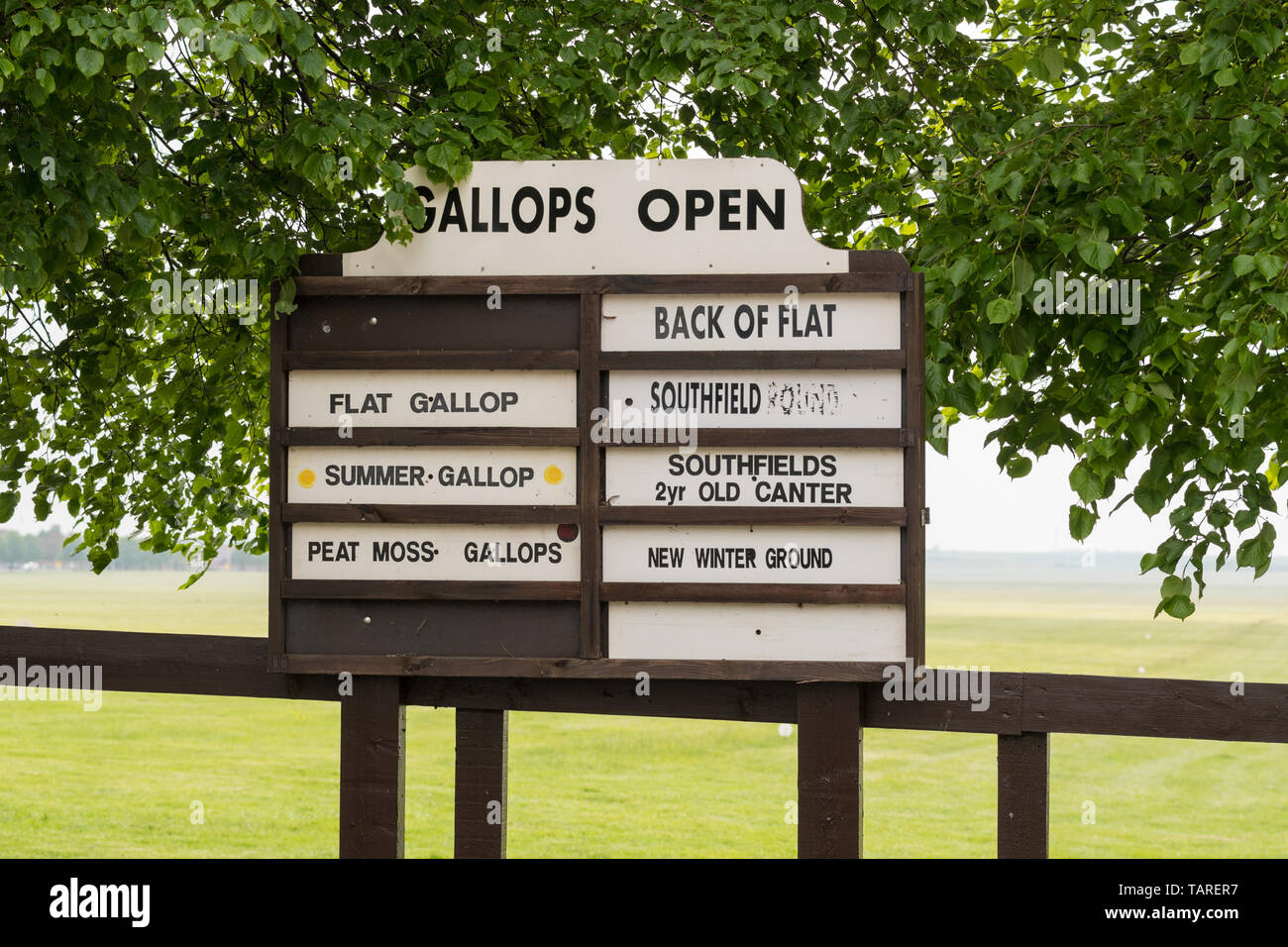Gallops Open sign at Newmarket Racecourse, Newmarket Heath, Newmarket, England, UK Stock Photo