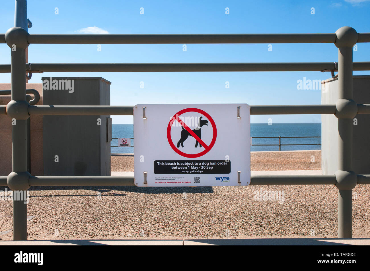 Warning sign Dogs not allowed on beach from 1 May to 30 Sept except