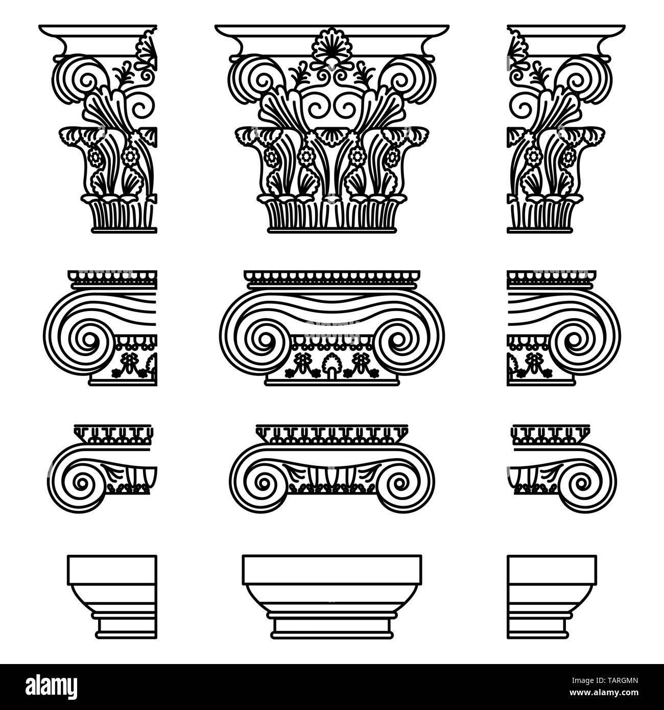 A set of antique Greek historical capitals for Calon: Ionic, Doric, and Corinthian capitals with a cut element scheme Stock Vector