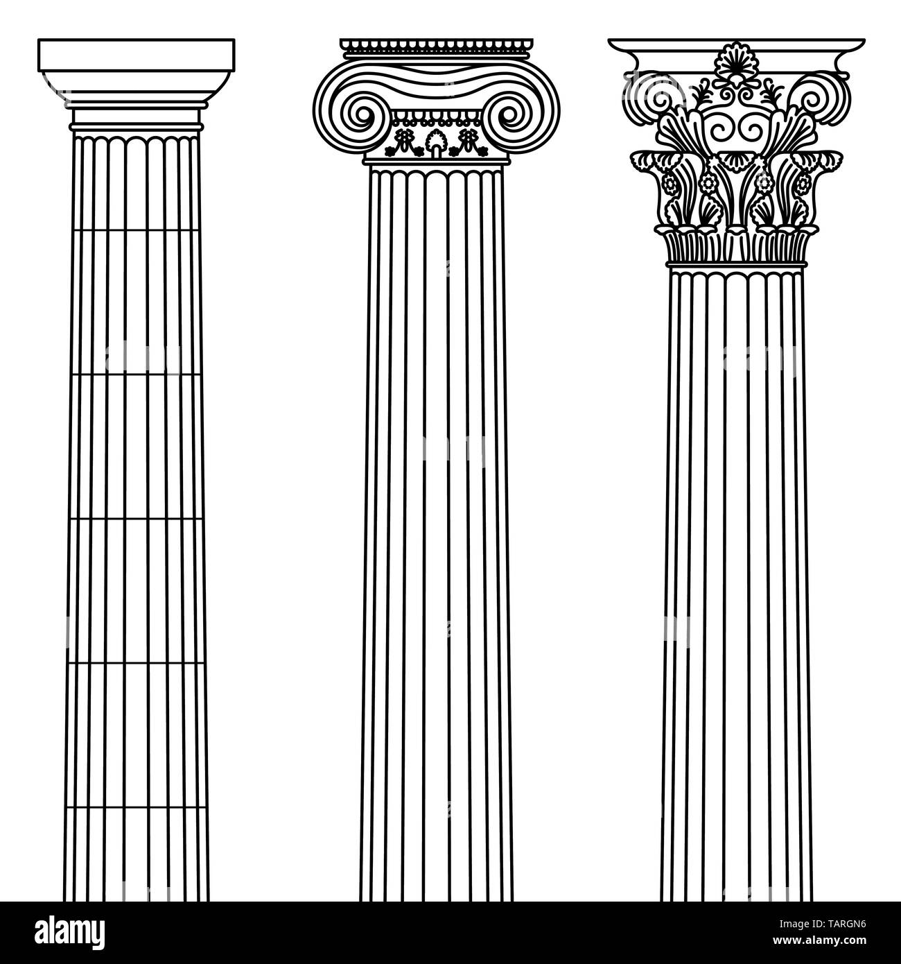 A set of antique Greek and historical columns with Ionic, Doric and Corinthian capitals Vector line illustration. Stock Vector
