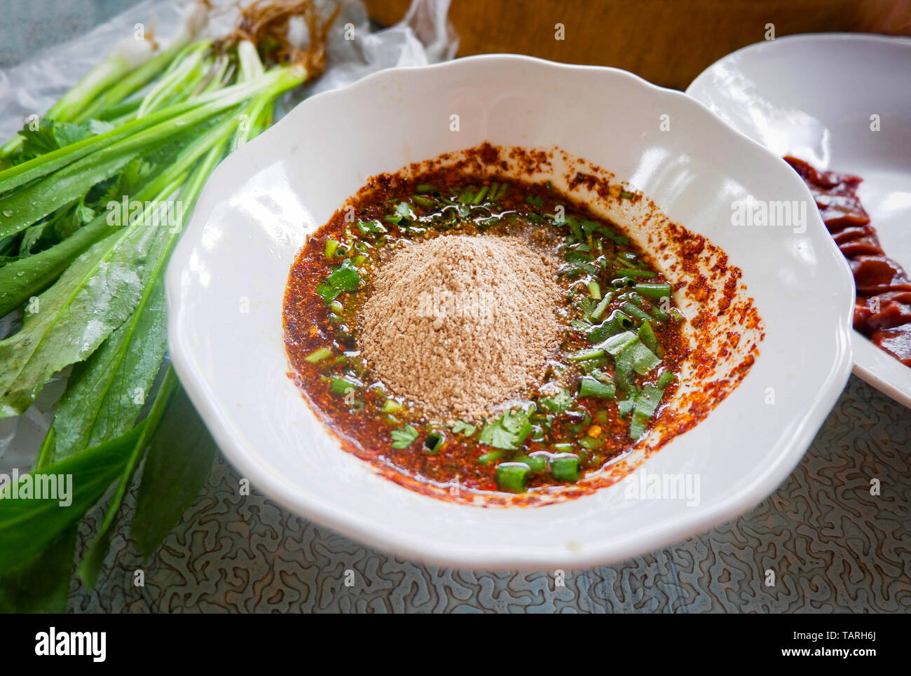 Cayenne pepper spicy sauce for meat grilled and spices thai style food Stock Photo