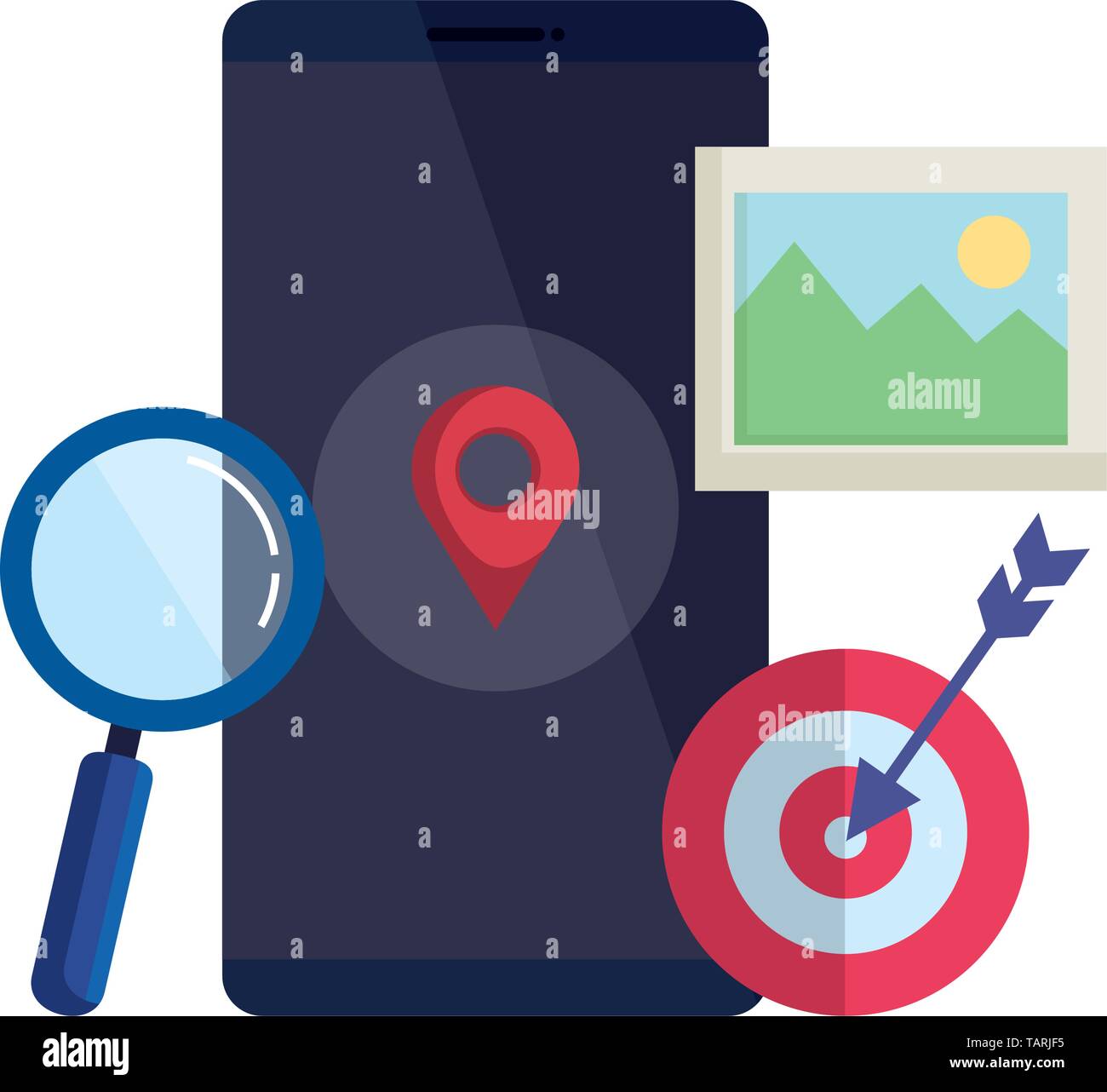 smartphone with magnifying glass and pin location Stock Vector Image ...