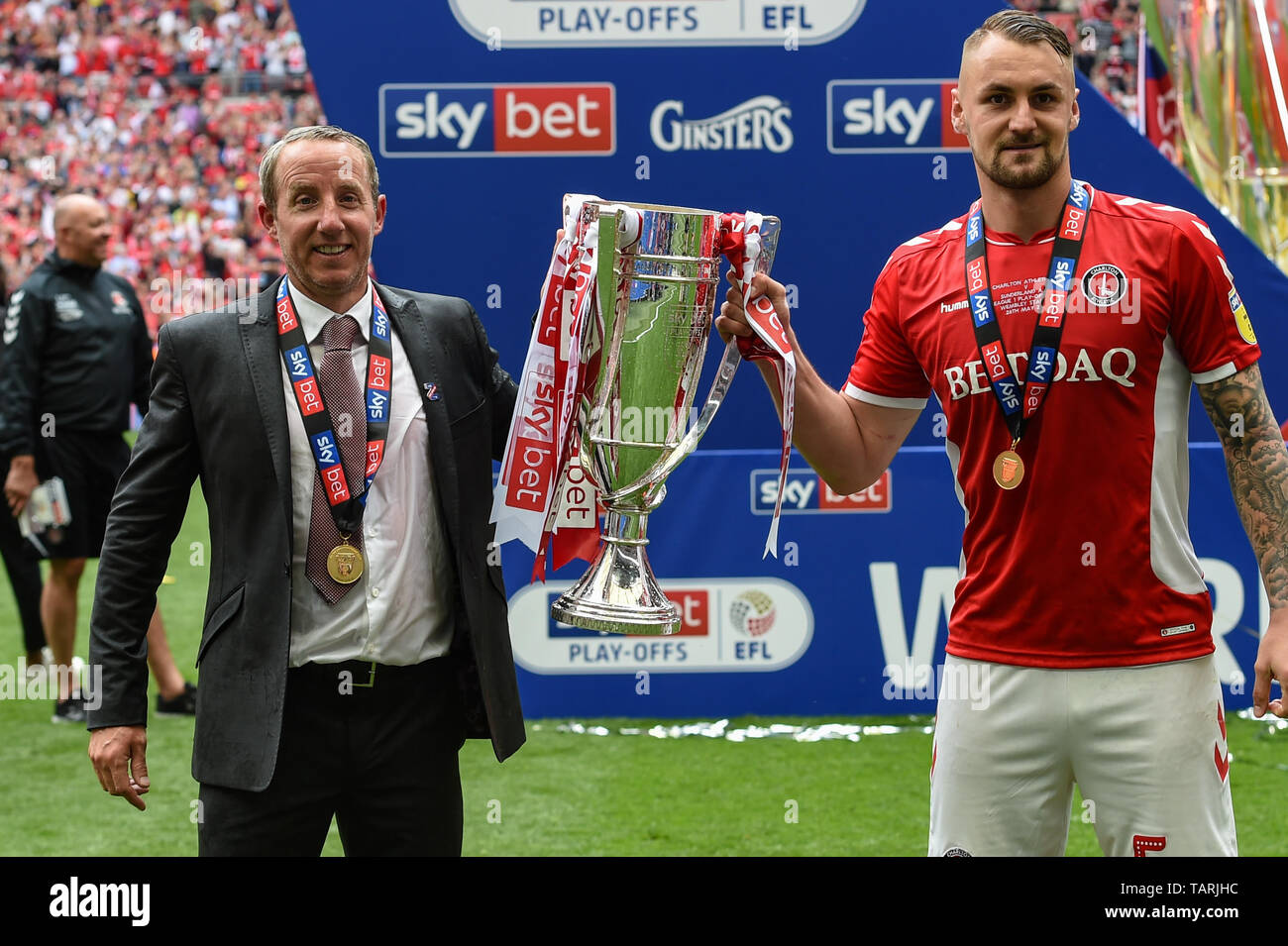 26th May 2019 Wembley Stadium London England Sky Bet League 1 Playoff Final Charlton Athletic Vs Sunderland Lee Bowyer Manager Of Charlton And Patrick Bauer 05 Of Charlton With