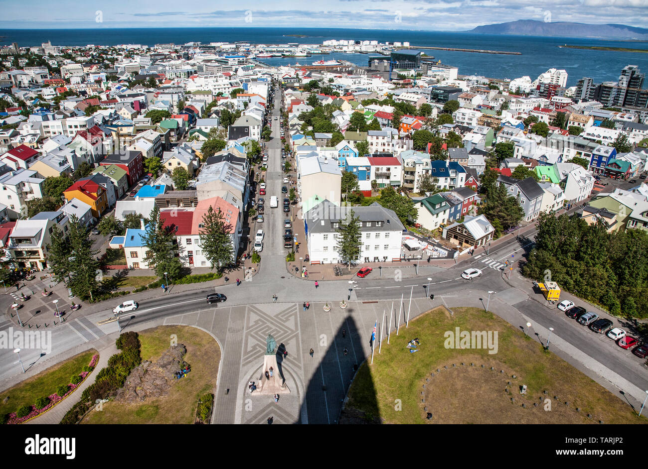 Aerial view of Reykjavik from the top of Hallgrimskirka Church Iceland, Reykjavík, europe, travel abstract aerial view summer, FS 12.75 MB 300 ppi Stock Photo