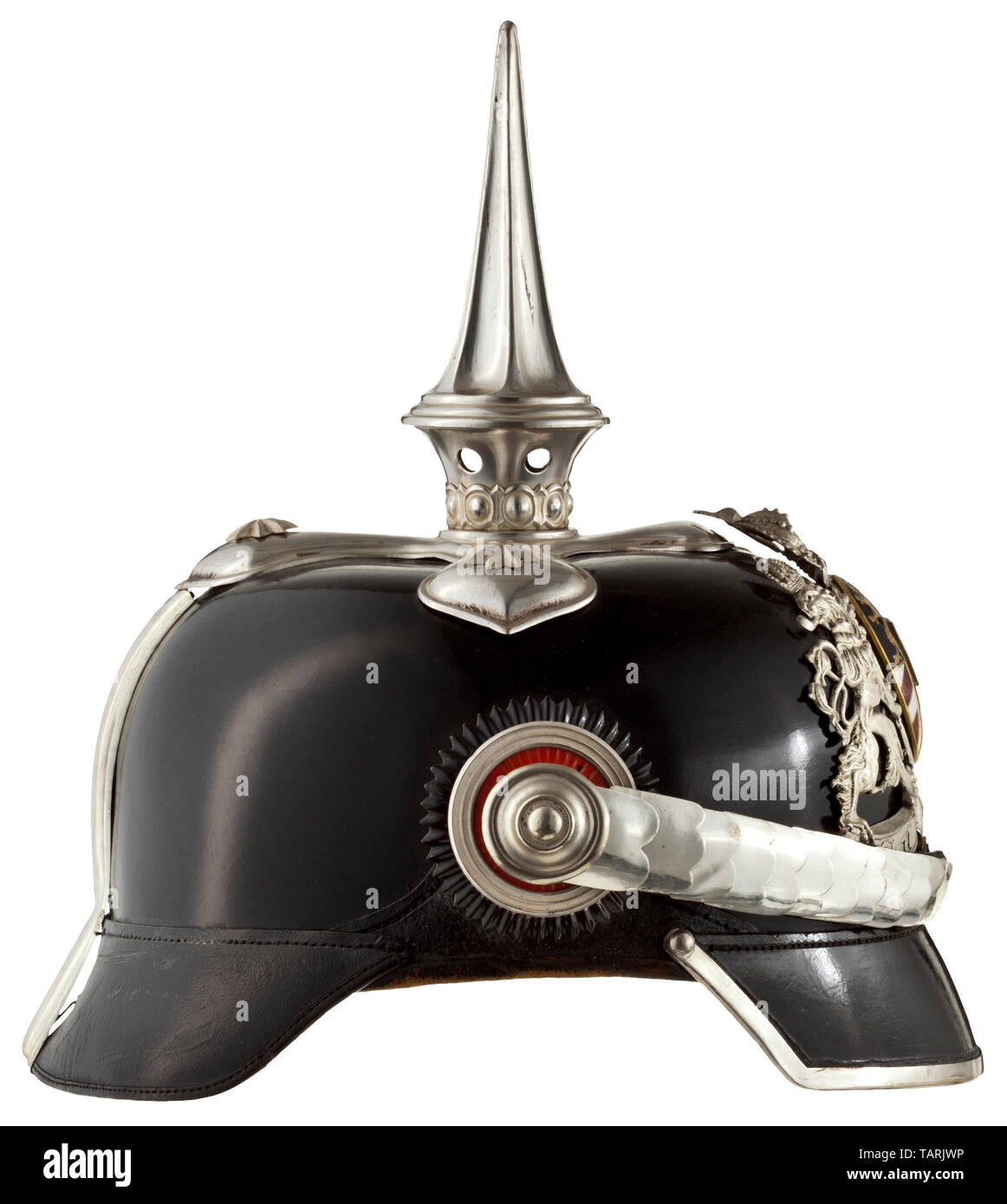 A helmet M 1886/1913 for generals, Exhibit item, incorporating an officer's original helmet with re-silvered fittings and a modern medallion. Painted black, highly polished skull with silver-plated fittings, the interior additionally lined in violet-coloured felt, with the manufacturer's label 'AWES Marke' and the size '57'. The rear visor re-attached. The visors lined in green and red, respectively, fine brown leather sweatband with green ribbed silk liner, bearing the invalidated equipment stamp. On the front, splinted cruciform base with star-, Additional-Rights-Clearance-Info-Not-Available Stock Photo