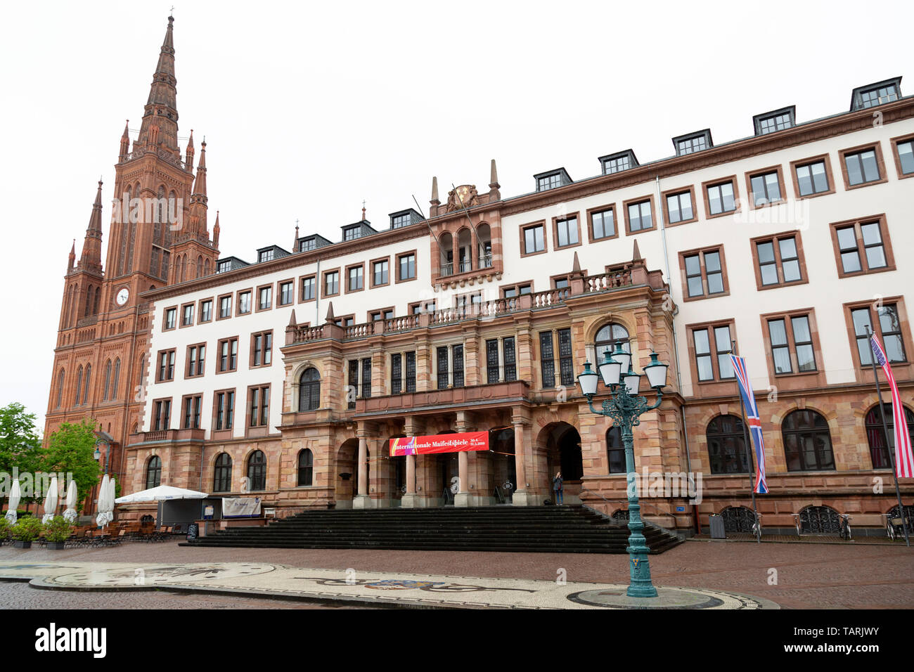 The City Hall (Rathaus) in Wiesbaden, the state capital of Hesse, Germany. The municipal building stands by the Market Church (Marktkirche). Stock Photo