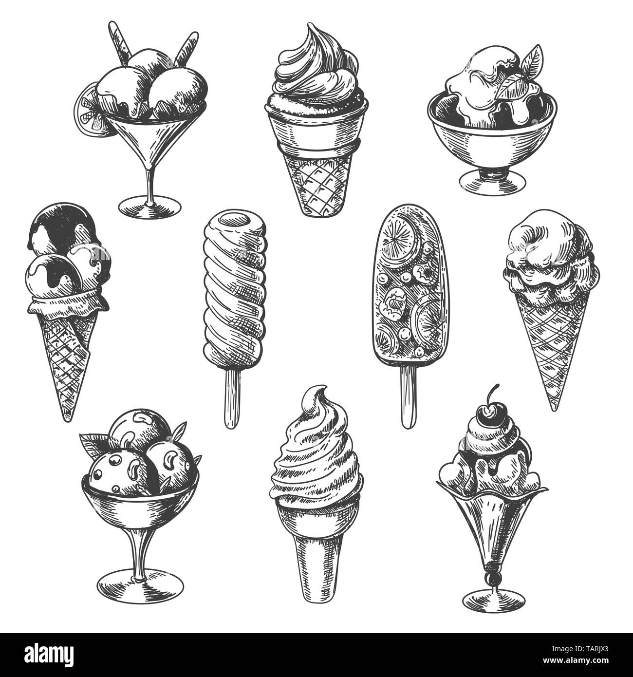 Vintage ice cream. Sketch icecream objects, hand drawn ice creams pie and stick, vanilla cone and sundae bowl desserts, vector illustration Stock Vector