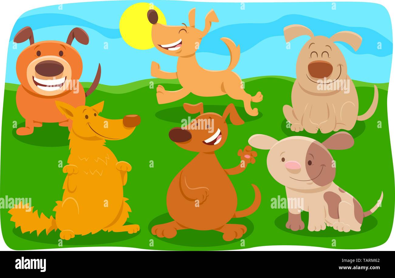 Cartoon Illustration of Happy Dogs and Puppies Pet Animal Characters ...