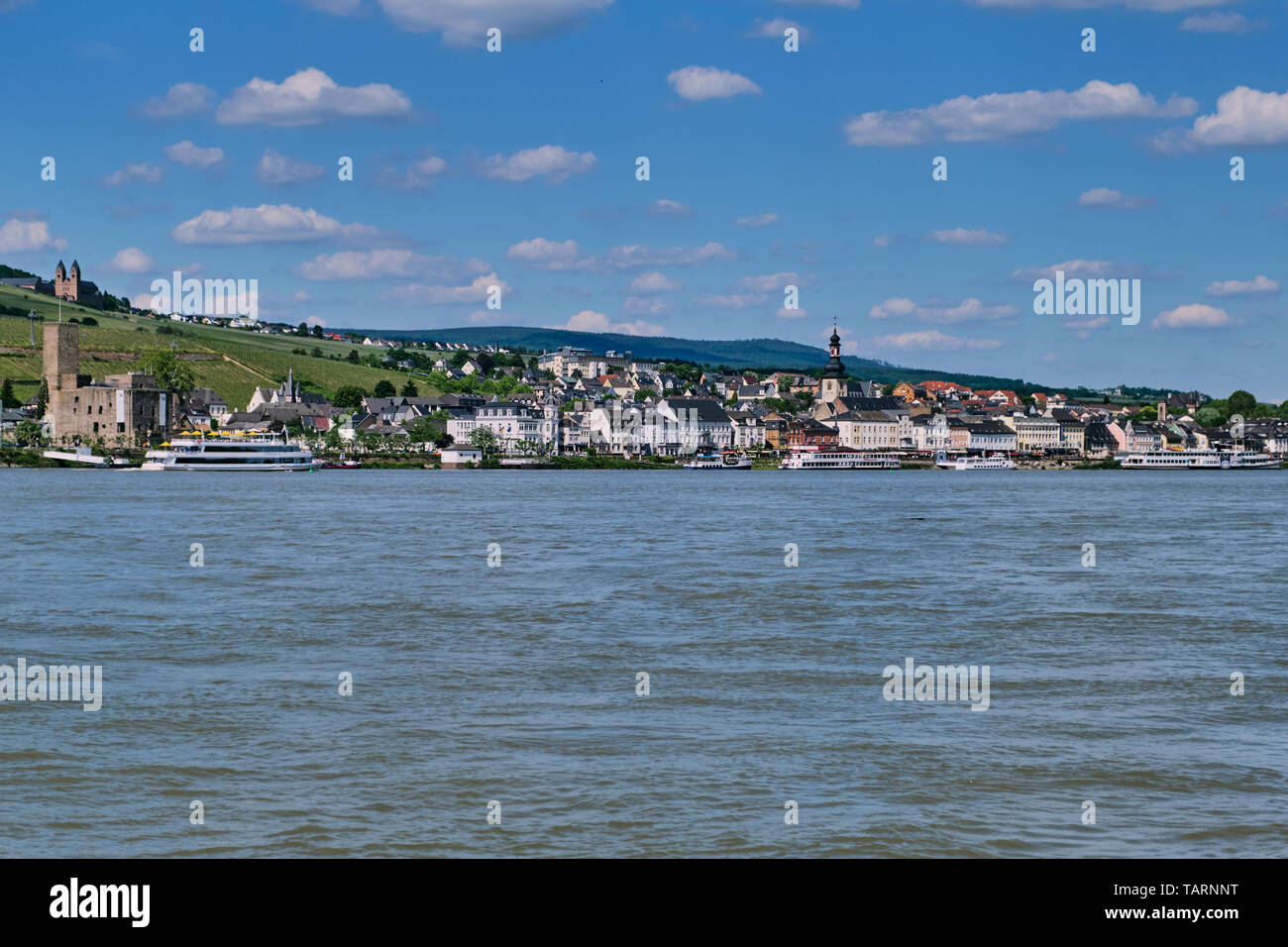Ruedesheim, Germany - May 26, 2019: city panorama of Ruedesheim at the river rhine Stock Photo