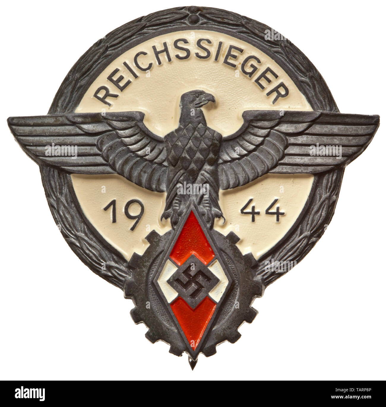 A victor's badge of the Reichsberufswettkampf - Reichssieger 1944, Embossed zinc badge made in one piece, with ball-head hinge and migrated gold plating, manufactured by the company 'G. BREHMER MARKNEUKIRCHEN'. The badges of 1944 were coloured with lacquer on the obverse. The vocational competition of 1944 with only 406 winners was the last wartime competition organised by the Reichsjugendführung and the German Labour Front. Width 49.5 mm. Weight 22.7 g. 20th century, 1930s, 1940s, awards, award, German Reich, Third Reich, Nazi era, National Socialism, object, objects, stil, Editorial-Use-Only Stock Photo