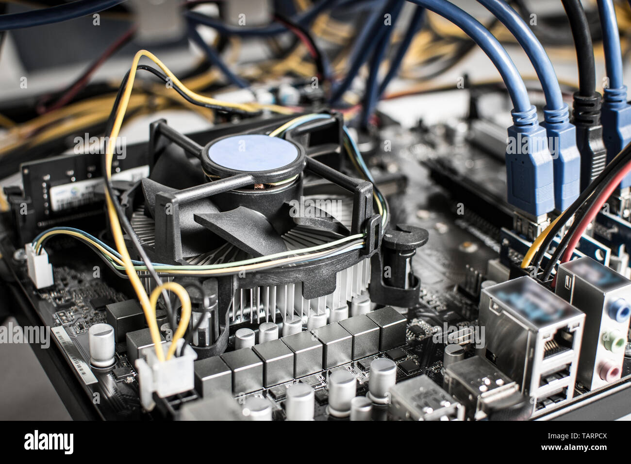 Cryptocurrency Mining Rig Connectors on Motherboard for Graphic Cards Stock Photo
