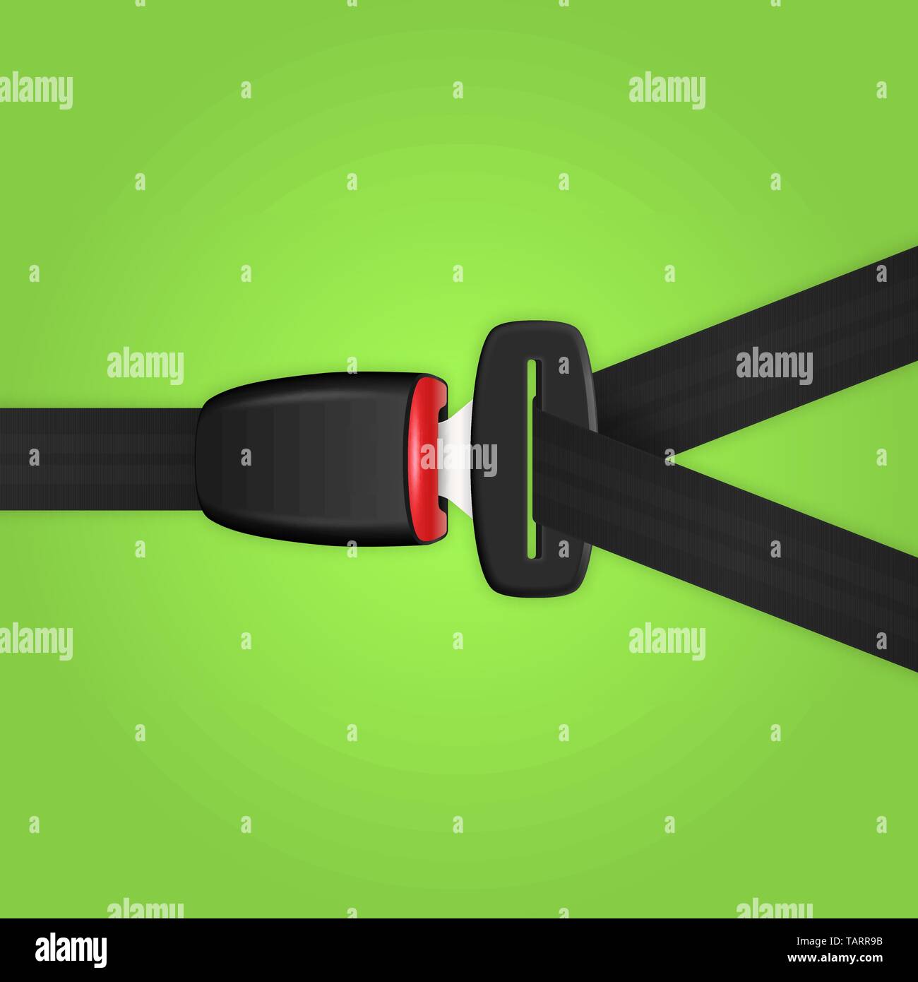 Vector 3d Realistic Unblocked Passenger Seat Belt Clopeup Isolated on Green Backgroud. Design Template. Top View. Transport Safety Concept Stock Vector