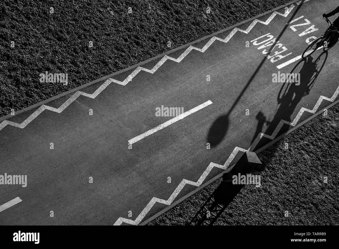black and white photography of a cyclist on an asphalt track with shadows Stock Photo