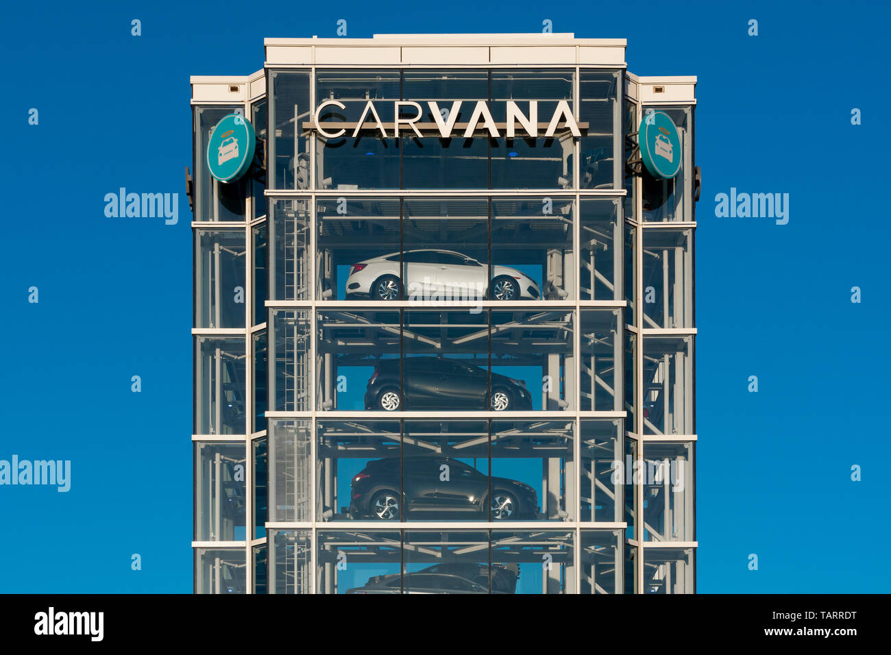 TEMPE, AZ/USA - APRIL 10, 2019: Carvana automobile dealership vending machine. Carvana is an online-only used car dealer. Stock Photo