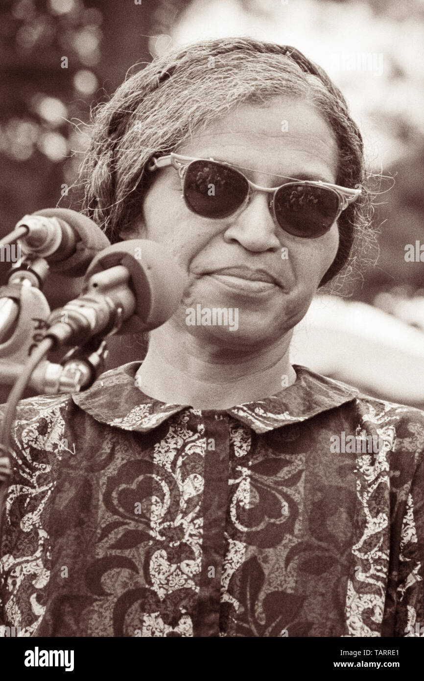 Rosa Parks, known for her stand against racial bus segregation in Montgomery, Alabama, speaking near the Washington Monument at The Poor People's March on Washington in Washington, D.C. on June 19, 1968. Stock Photo