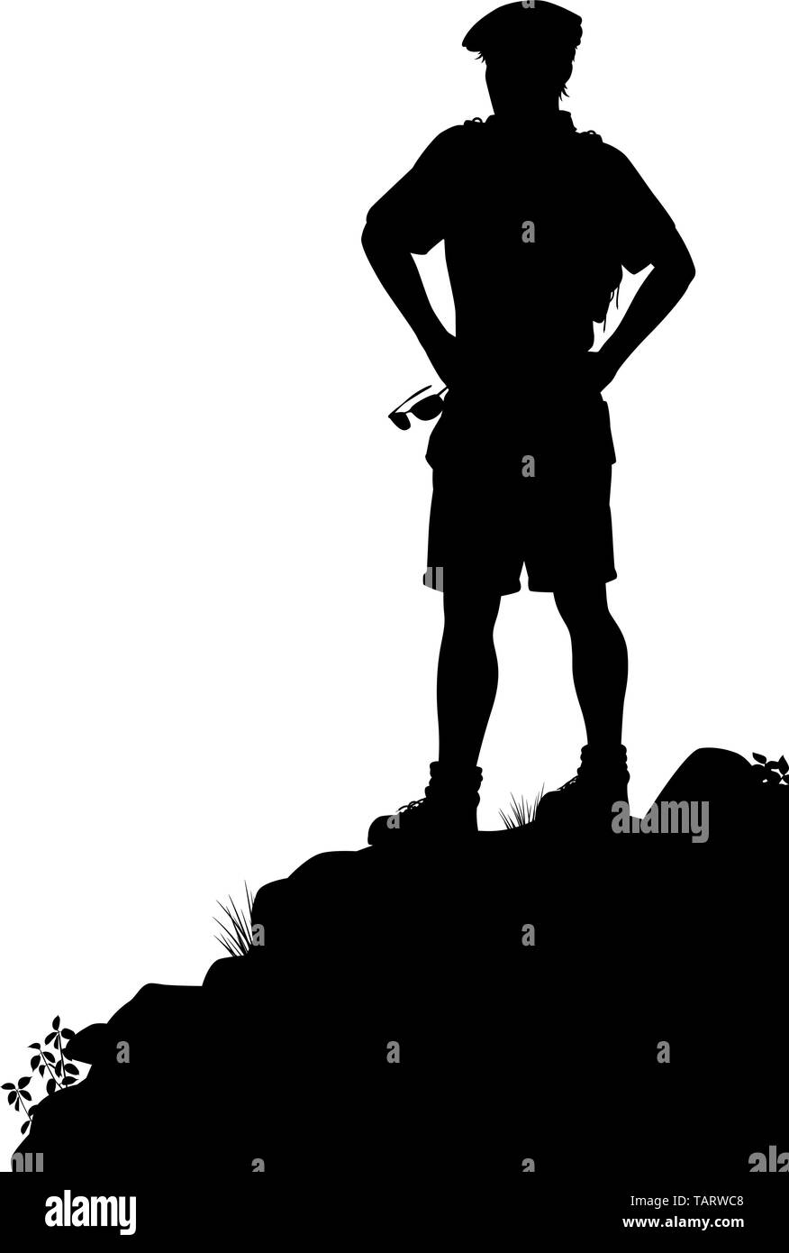 Editable vector silhouette of a male hiker standing at a viewpoint Stock Vector