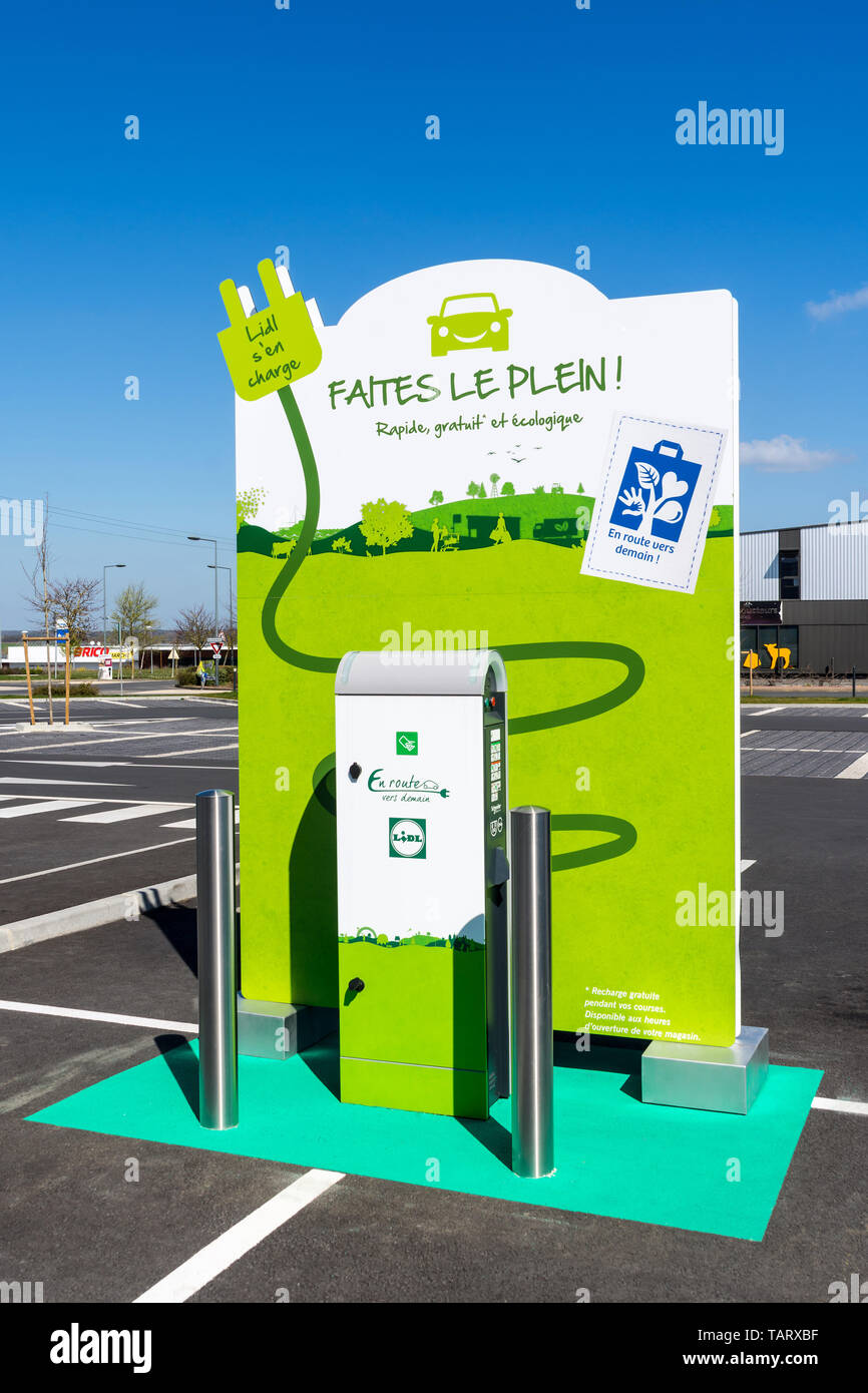 Electric recharging point in ALDI supermarket car park, Loches, France. Stock Photo