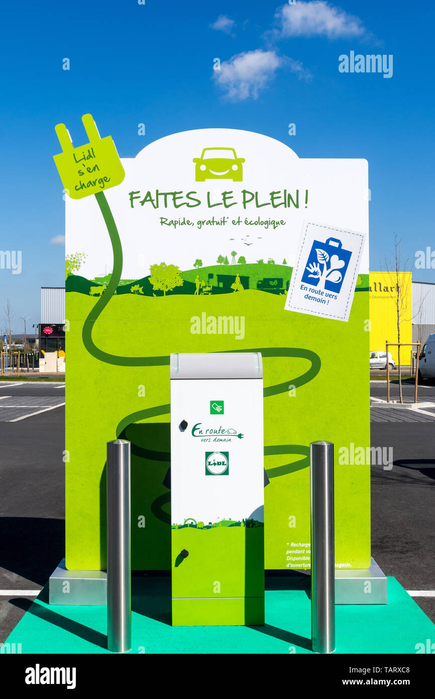 Electric recharging point in ALDI supermarket car park, Loches, France. Stock Photo