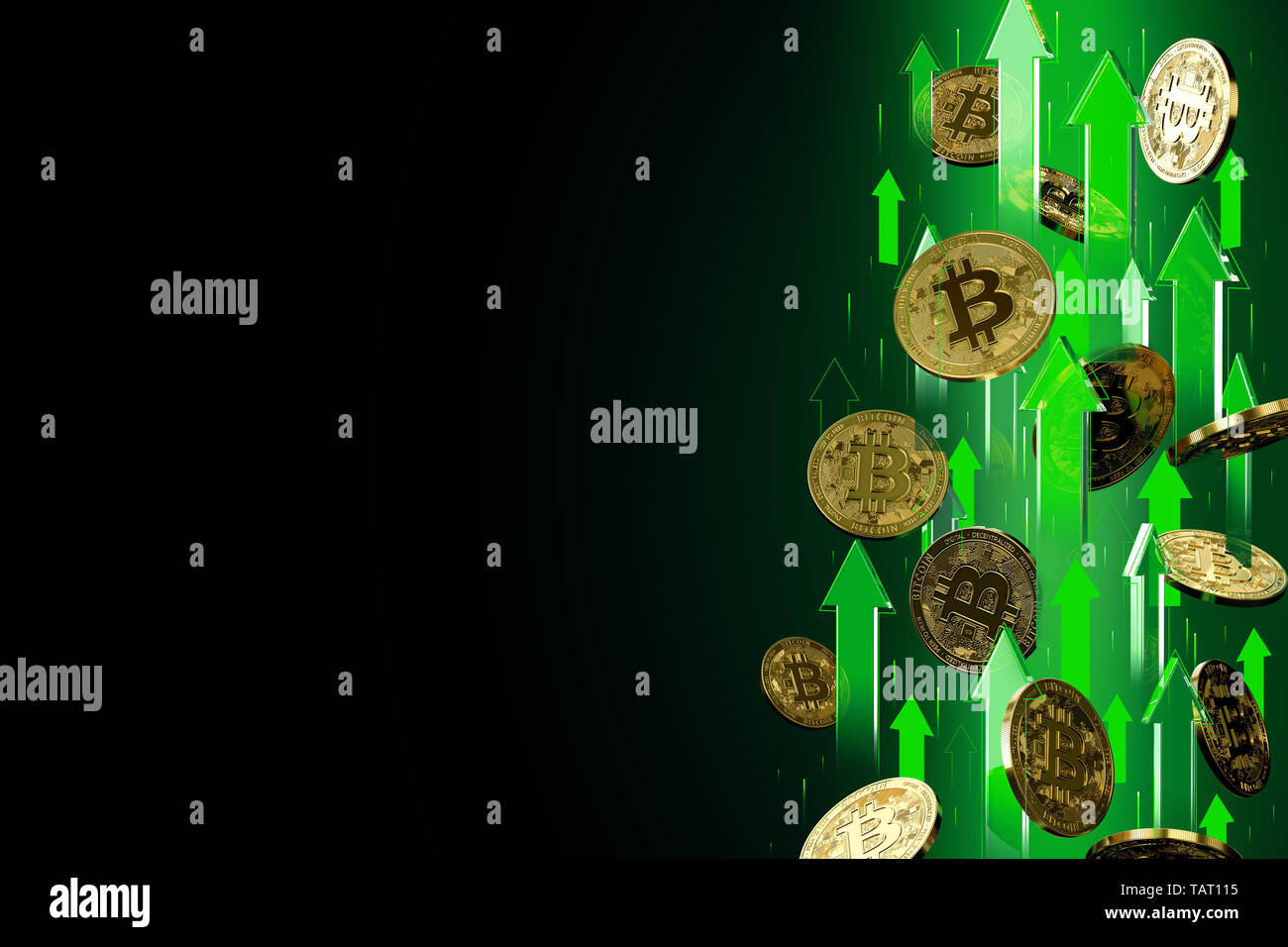 Green arrows pointing up as Bitcoin (BTC) price rises. Isolated on black  background, copy space. Cryptocurrency prices grow concept. 3D rendering  Stock Photo - Alamy