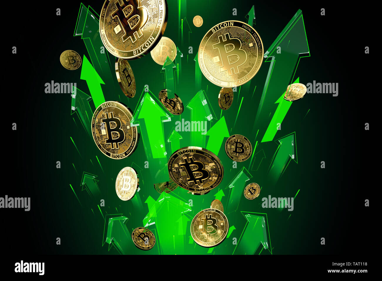 Green arrows shots up with high velocity as Bitcoin (BTC) price rises. Cryptocurrency  prices grow, high risk - high profits concept. 3D rendering Stock Photo -  Alamy