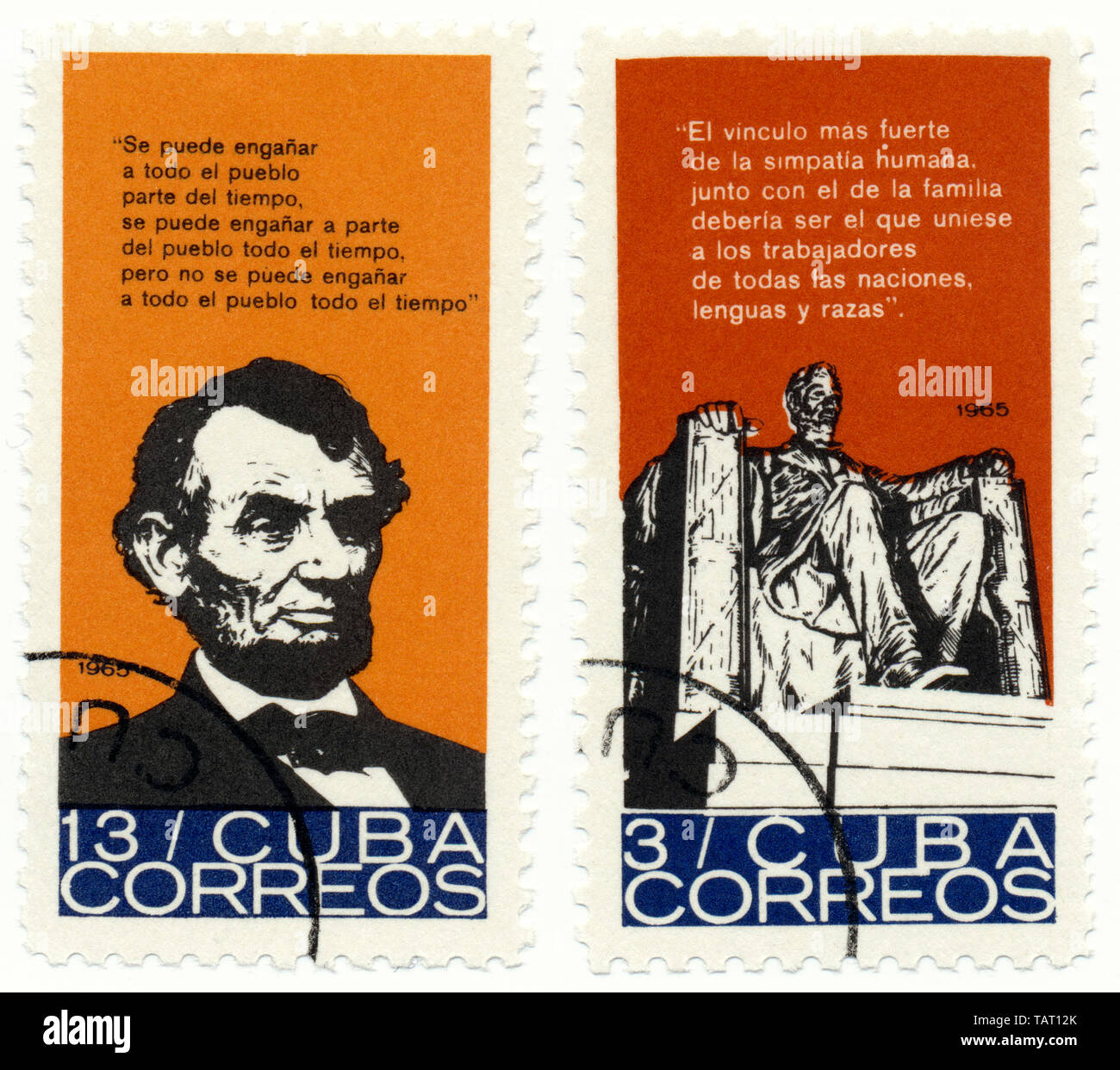 Historic postage stamps from Cuba, Historische Briefmarken, Andenken an den amerikanischen Präsidenten Abraham Lincoln, 1965,  Kuba, Nordamerika Stock Photo