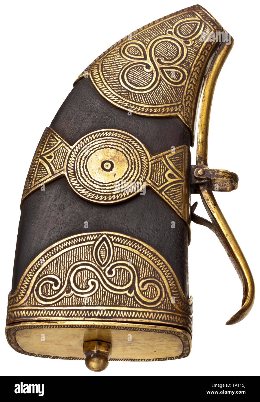 A Kyrgyz powder horn, mid-19th century, Body of flattened, black horn with ornamentally engraved brass mounting. Spring-loaded spout at top and screw-mounted lid at back. Length 17 cm. Cf. Yurij Miller, Caucasian Arms from the State Hermitage Museum, St. Petersburg, 1999, p. 197. Ottoman, Orient, Oriental, Asia, Asian, historic, historical 19th century, Additional-Rights-Clearance-Info-Not-Available Stock Photo