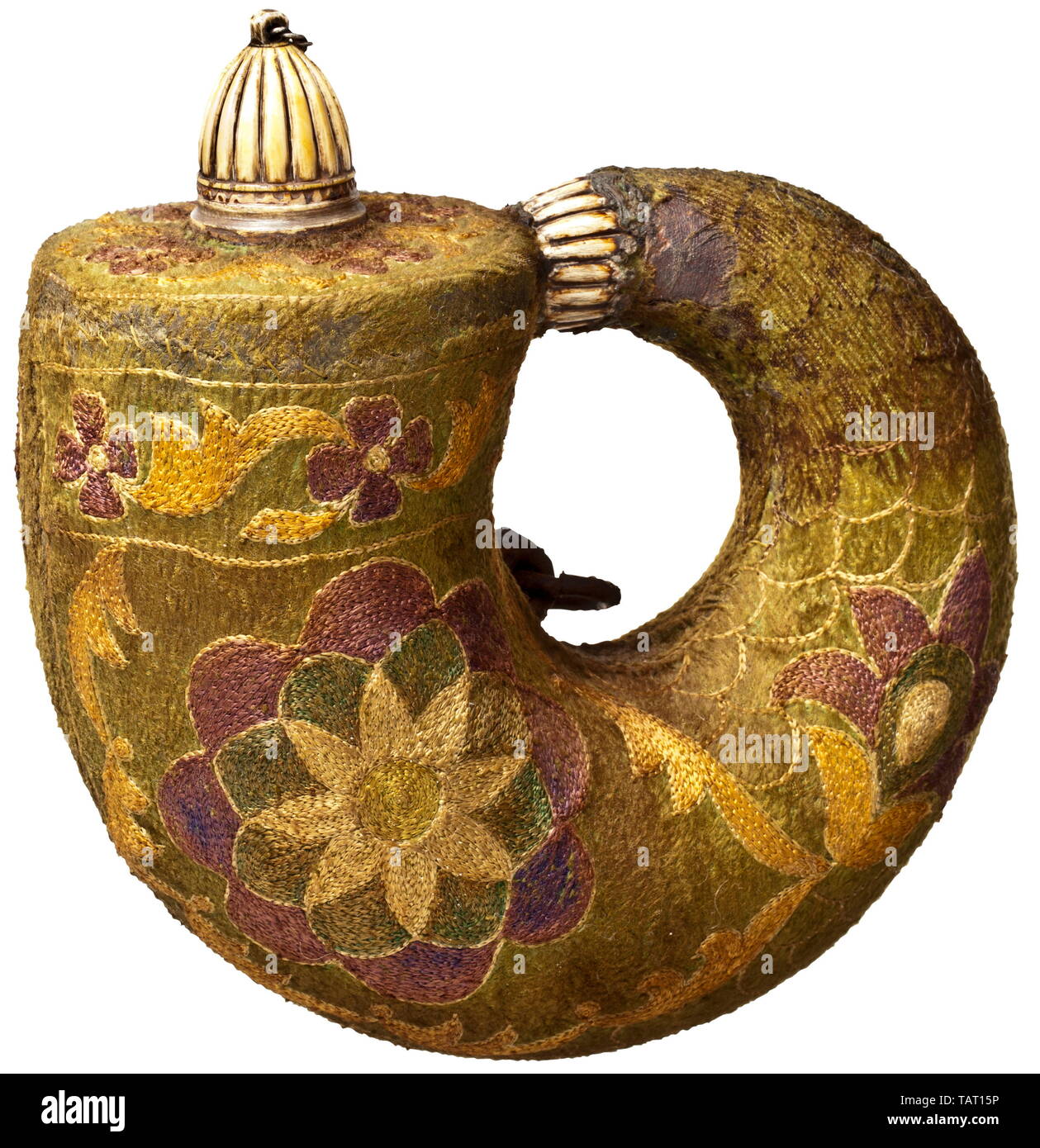 An Indian cloth-covered powder horn (Barutdan), 18th century, Nautilus-shaped wooden body, covered entirely with florally embroidered felt. Carved spout and stopper of ivory, two iron carrying rings (with flash rust). Width 19 cm. Similar pieces are exhibited in the Salar Jung Museum, Hyderabad. historic, historical, Additional-Rights-Clearance-Info-Not-Available Stock Photo