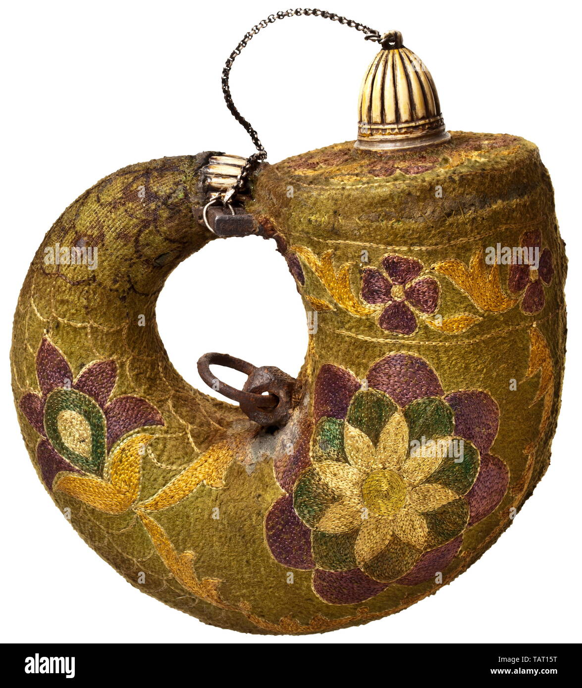An Indian cloth-covered powder horn (Barutdan), 18th century, Nautilus-shaped wooden body, covered entirely with florally embroidered felt. Carved spout and stopper of ivory, two iron carrying rings (with flash rust). Width 19 cm. Similar pieces are exhibited in the Salar Jung Museum, Hyderabad. historic, historical, Additional-Rights-Clearance-Info-Not-Available Stock Photo