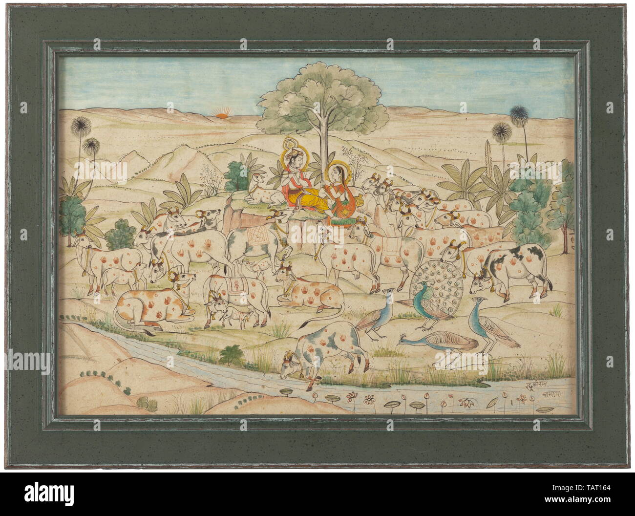 An Indian miniature, Nathadwara School, signed Kubiram Gopilal, early 20th century, Gouache on paper. Depiction of Krishna and Radha under a tree, after decorating the cows. Signed at lower right "Khubiram Gopilal". Framed and under glass. Dimensions of frame 29.5 x 39.5 cm. historic, historical, Additional-Rights-Clearance-Info-Not-Available Stock Photo